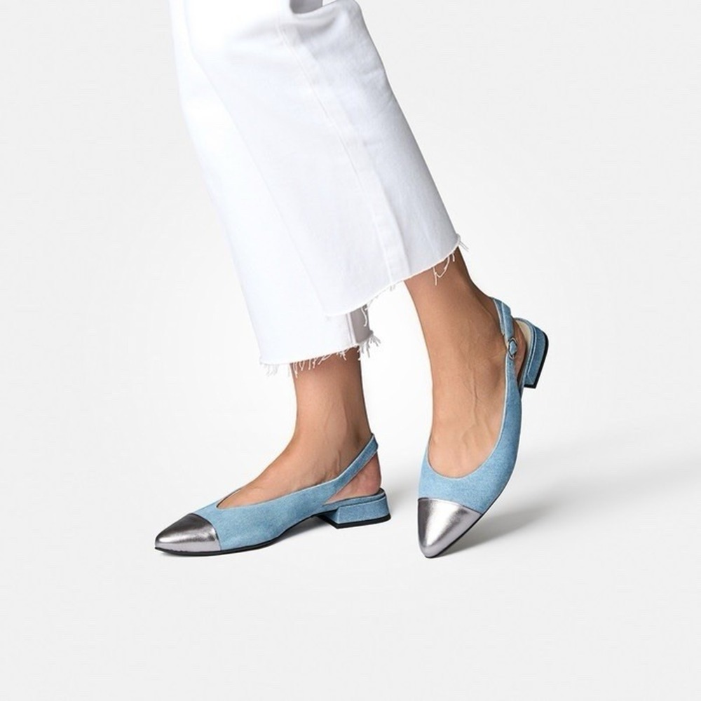Paul Green Slingback Flats Blue Denim Suede Silver Pointed Cap Toe UK 6 US 8.5